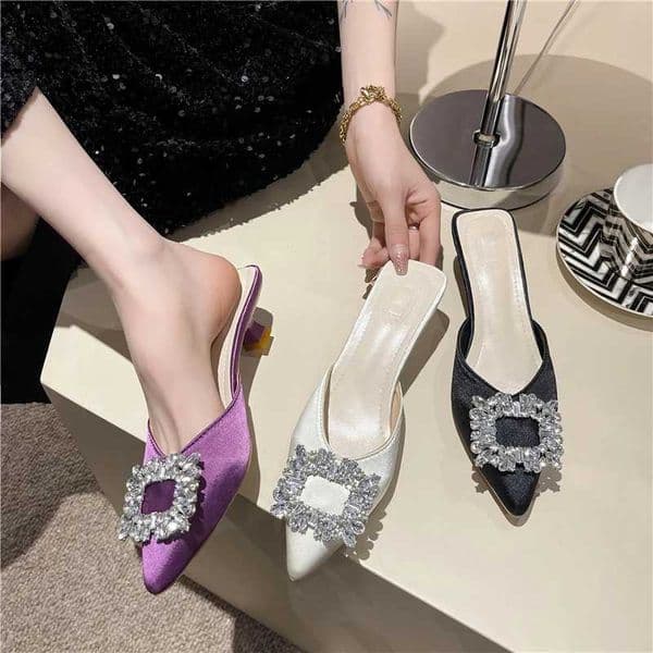 New Womens Shoes New Mules Womens High Heels Fashion Wedding Pump Women Rhinestone Pointed Toe Sandals Ladies patos Mujer J260421