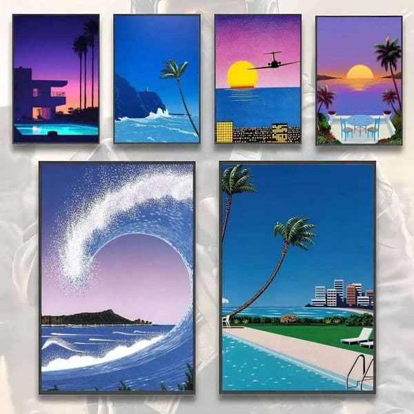 Hiroshi Nagai Vaporwave Japan Beach Painting Calligraphy HD Canvas Poster living room bedroom bar aesthetic decoration 26H0421
