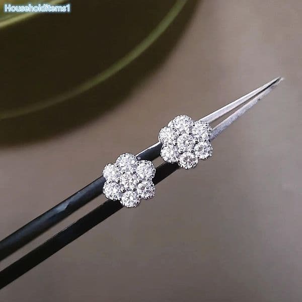 Silver Base Pave Diamond Flower Stud Earrings 925 Sterling Silver Elegant Wedding Party Daily Prong Setting Premium