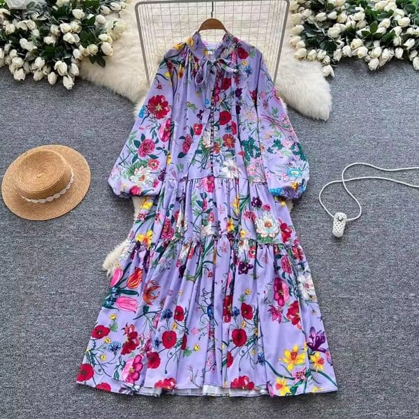 Basic Casual Dresses 2026 Runway Spring Flower Maxi Dress Shirt Women's Bow Neck A Line Lantern Sleeve Floral Print Loose Long Party Dresses Lady