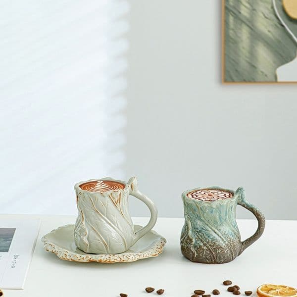 Retro Kiln Glazed Ceramic Coffee Mug Heavy Texture Stoneware Espresso Cup Large Handle Tea Mug and Saucer Set Industrial Style Tableware for Cafe