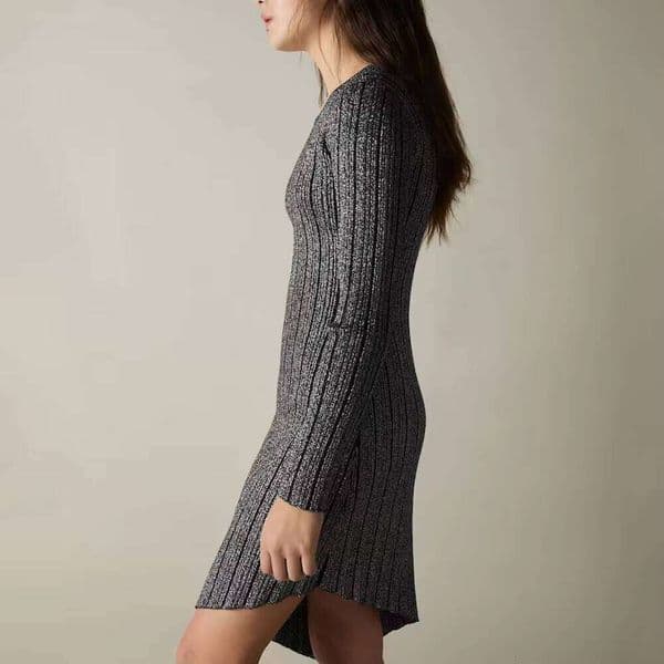 Women's Chic Marled Grey Ribbed Knit Midi Crew Neck Long Sleeve Asymmetric Hem Sweater Dress