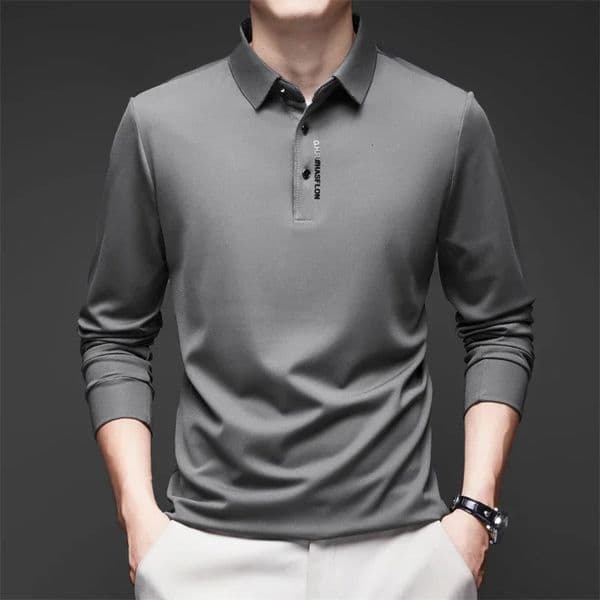 Mens Business Casual Long Sleeved Shirt with Badge Solid Color Polo Shirt Fashionable Breathable Comfortable Versatile Top 260420