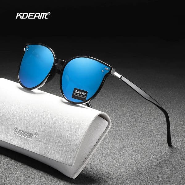 KDEAM Soft TR90 Material Women Sunglasses Cat Eye Polarized UV400 Mirror Sun Glasses Round Black Shades With Leather Case 260421