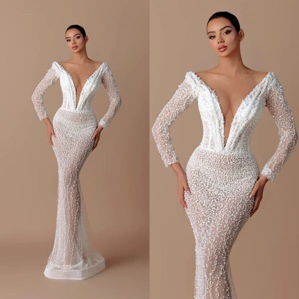 Elegant Pearls Wedding Dresses Deep V Neck Mermaid Bridal Gowns Sequins Beading Illusion Long Sleeves Customized Vestidos De Novia Plus Size