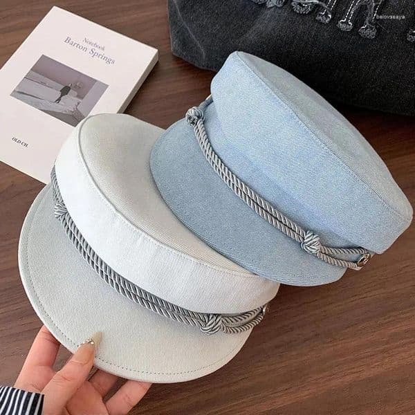 Berets 2026 Retro British Ins Style Denim Octagonal Hat Flat Top Artist Neutral Outfit Soft Fabric For Comfortable Wearing