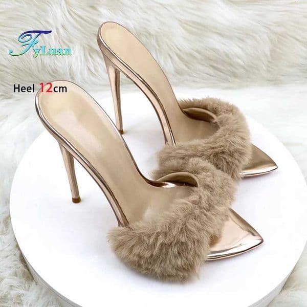 Women Super High Heel 12CM Furry Slippers Faux Fur Slip-on Summer Gold Nightclub Shoes Sexy Pointy Toe Sandals For Woman Size 46 J260421