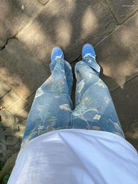 Men's Jeans Early Autumn Floral Print Wide Leg Pants Lazy Sle Youthful Trendy Brand Casual Loose Fit High Waist Denim