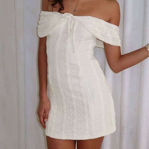 Women's White Off-Shoulder Bow Tie Textured Bodycon Casual Summer Outfit