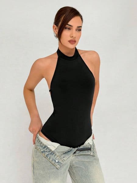s Halter Neck Backless Bodysuit Black Sleeveless Rhinestone Strappy Bodycon Top Summer Casual Party Clubwear dongdumaoyi