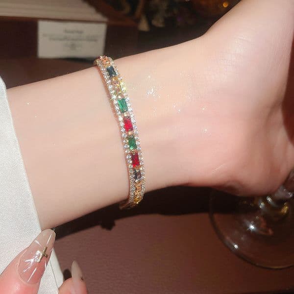 New model inlaid with three rows of colorful zircon tennis hip-hop bracelet, fashionable, simple, light luxury, unisex bracelet