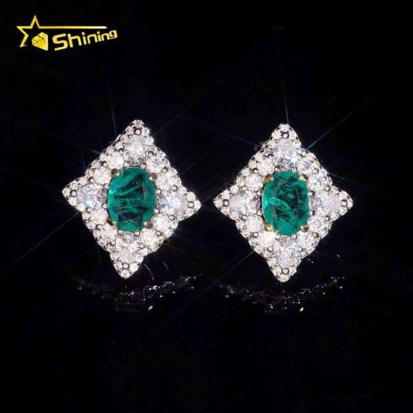 Fashionable 925 Silver Earrings with Moissanite and Lab-Grown Emeralds, Elegant Push-Back Stud Earrings, Women's High-End Jewelry