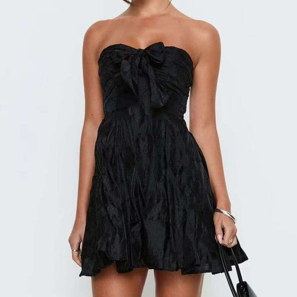 Women's Black Strapless Bow Front Textured Floral A-Line Party Cocktail Outfit