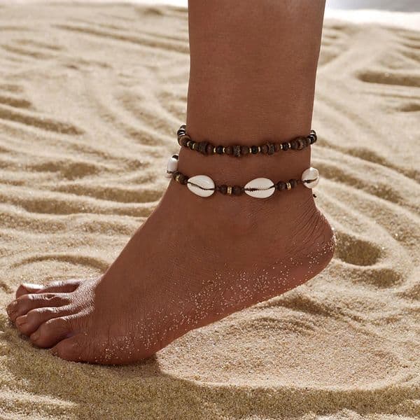2piece Bohemian style shell woven wooden beaded womens anklet set 260421