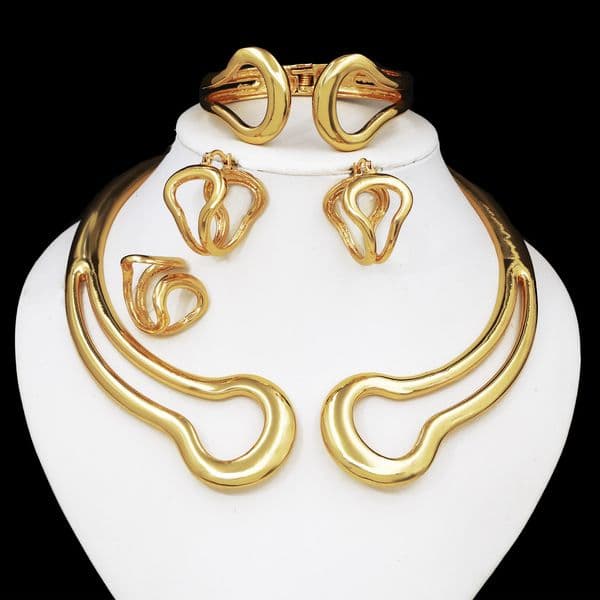 Italy 18k Gold Plated Jewelry Set For Women Classic n Shiny Necklace Hoop Earrings Bangle And Ring Fashion 4PCS Set Jewelry 260418