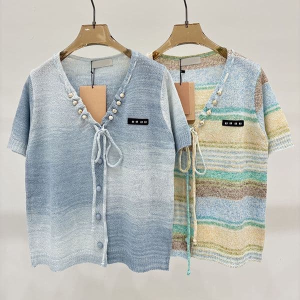Women Designer Brand Shirts Bandage Gradient Contrast Color Striped Loose Tees Beach Vacation Soft Tee