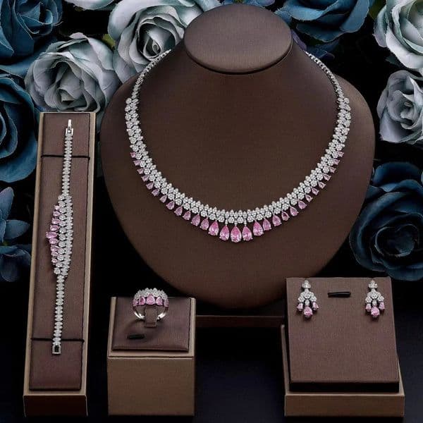 White Cubic Zirconia Bridal Jewelry Set Brides Accessories Tassel Water Drop Necklace Earring 4pcs Set for Wedding Party 260421