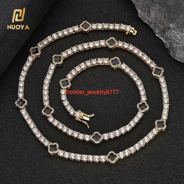 NUOYA Hot Sale Shiny Four Leaf Clover Tennis Chain Necklace Bling Moissanite Stone Gold Plated Tennis Chain Fine Jewelry for Women Gift
