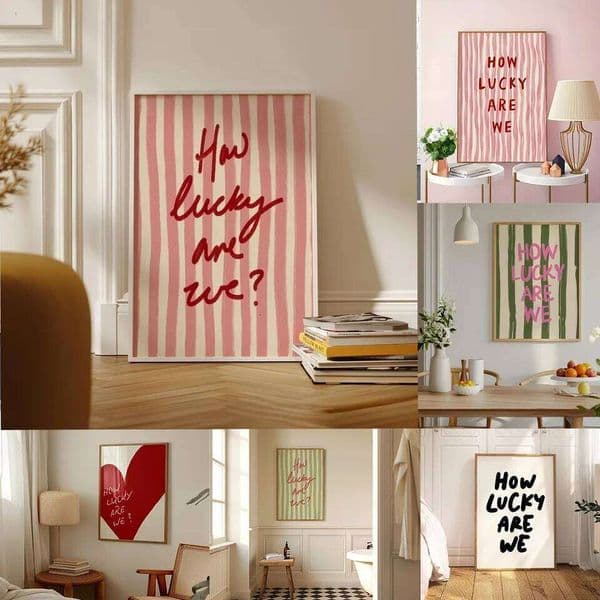 How Lucky Are We Pink Red Striped Wall Art Positive Inspirational Quote Poster Canvas Prints for Modern Living Room Home Decor 26H0421