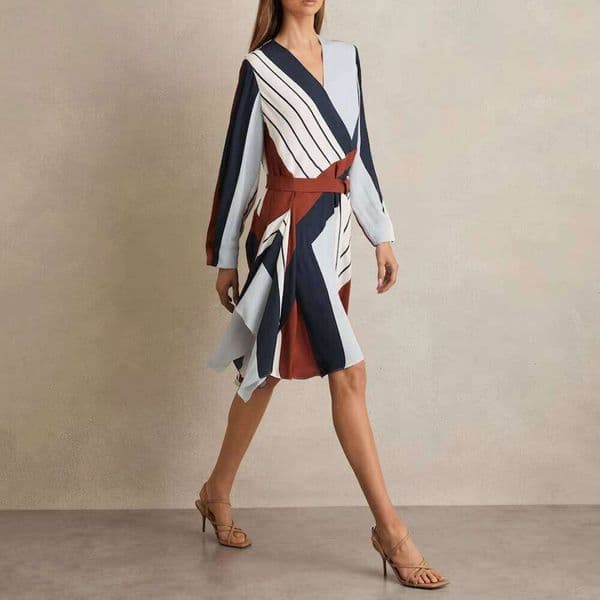 Women's Chic Color Block Midi V-Neck Long Sleeve Belted Asymmetric Ruffle Hem Casual Dress