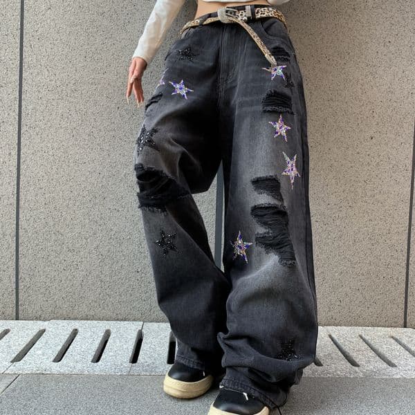 Fake Tear Luxury Casual Straight Leg Jeans For Male And Female Designers In Spring 2026 Loose American Style New Street Elements Retro Star Patch Wide Leg Pants
