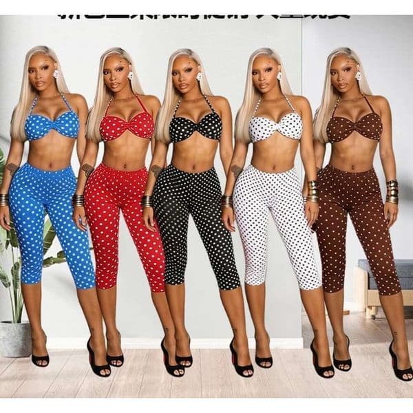 European and American Cross-Border New Women's Fashion Polka Dot Print Sexy Camisole Top Waist-High Hip-Lifting 7/8 Pants Set for Women