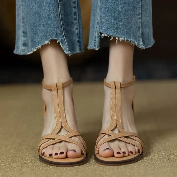 Summer Genuine Soft Leather Thick-heeled T-belt Roman Womens Shoe for Mid-heel Cross-toe Sandals 260421