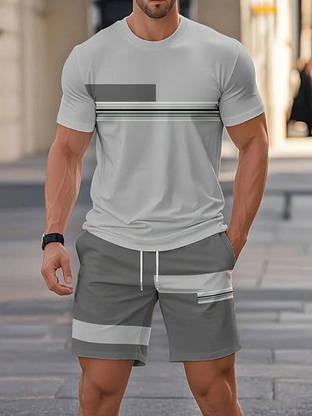 2026 Summer Arrival Mens Casual Two-Piece Set Striped Print Short-Sleeve Shirt and Athletic Shorts Set Mens Fitness Set 260420