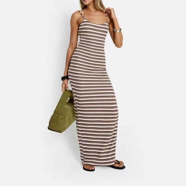 Women's Brown White Striped Spaghetti Strap Ribbed Knit Bodycon Summer Beach Casual Outfit