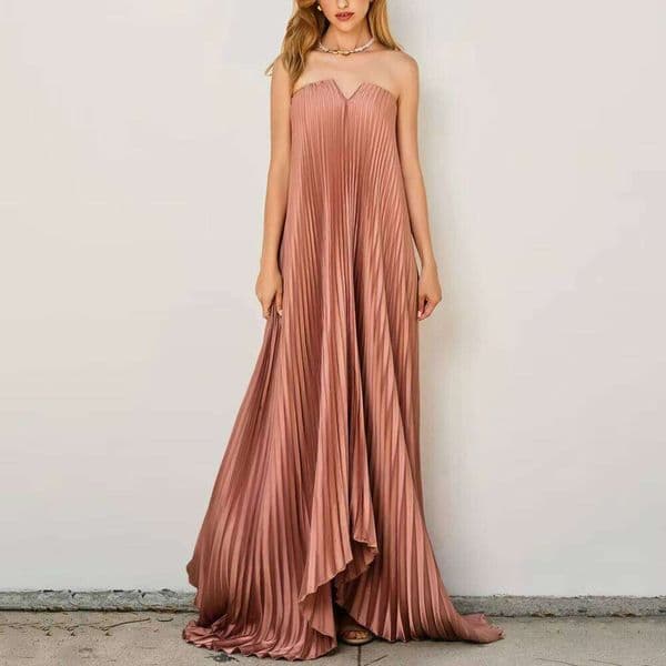 Women's Rose Gold Pleated Dress Sweetheart Neck Formal Evening Gown