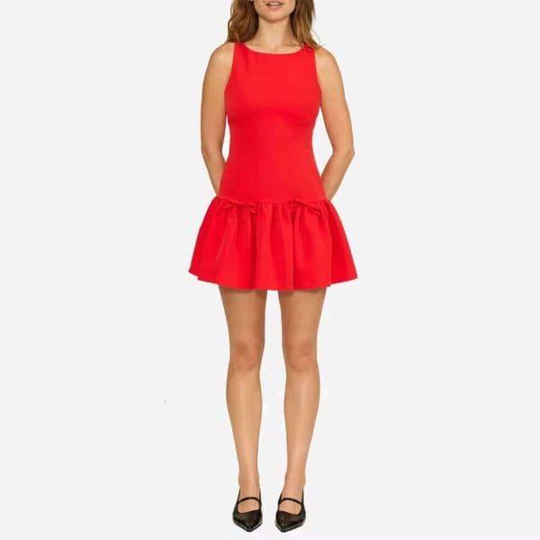 Women's Red Ruffle Hem Bow Detail A-Line Party Dress