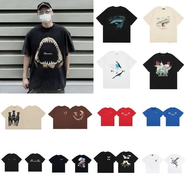 Designer short-sleeved summer men's T-shirt shark design washed and distressed retro trendy half-sleeved summer top T-shirt size S-XL