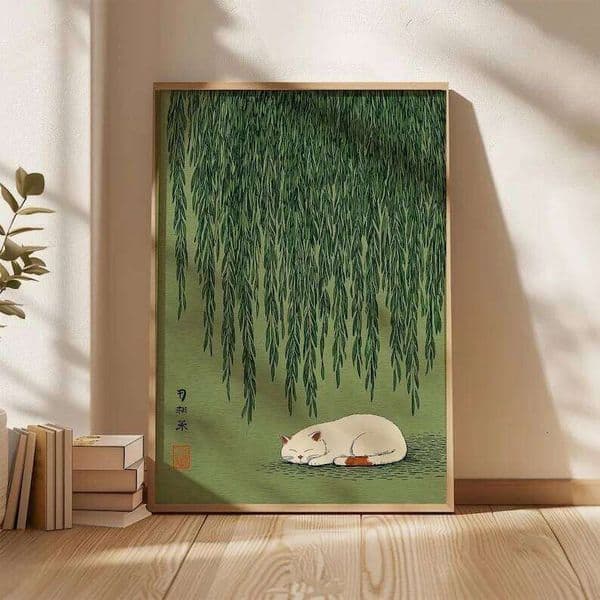 1pc Japanese Under Willow Tree Poster, Unframed Green Nature Cat Wall Art Poster for Living Room and Bedroom Decortions Gift 26H0421