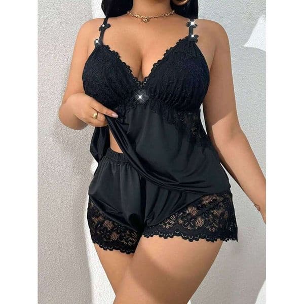Summer Plus-Size Lace Camisole Pajamas Two-Piece Set Sexy Elastic Waist Patchwork Ice Silk Shorts Pure Desire