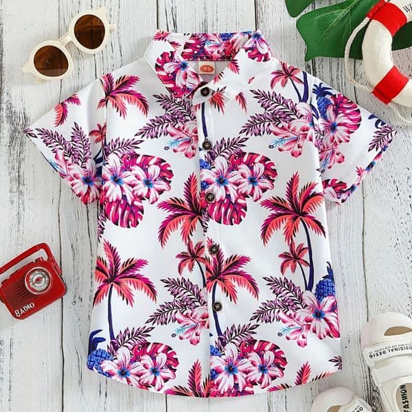 Boys Flowers and Leaves Print Short Sleeves Shirt Hawaiian Style for Vacation Beach Kids Summer Clothes O-Neck Childrens Shirt 260421