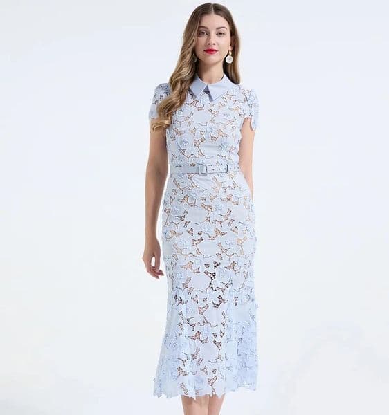 Basic Casual Dresses 2026 Luxury Lace Evening Formal Bodycon Dress Women Summer Elegant Short Sleeve Hollow Out Belt Embroidery Midi Long Lace Dresses