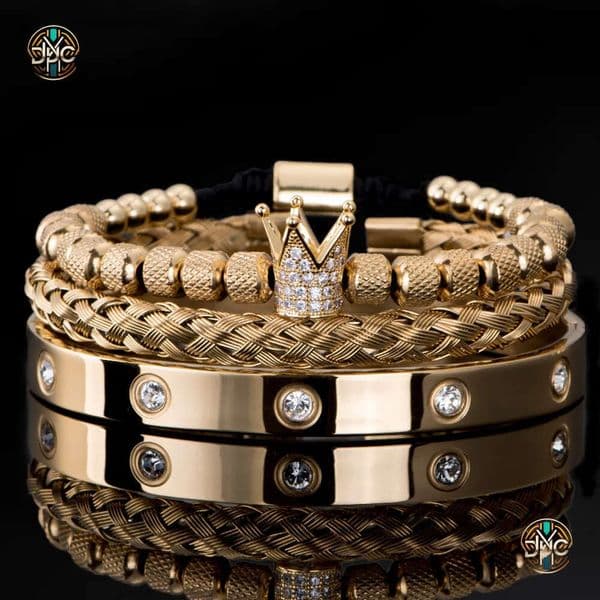 Men Bracelets Stainless Steel Crystals Bangles Couple Jewelry 3pcs/set Luxury Micro Pave CZ Crown Roman Royal Charm Bracelet