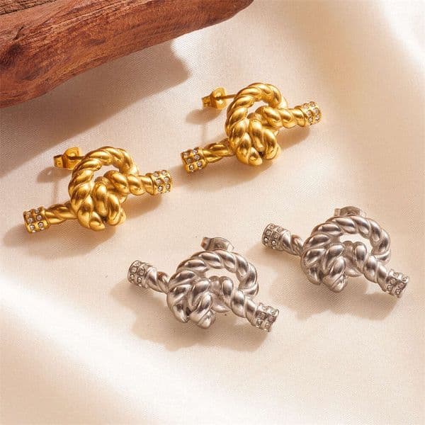 European And American Fashion Titanium Color-Retaining With Diamonds, Popular Cross-Border Stainless Steel Non-Fading Twisted Stud Earrings