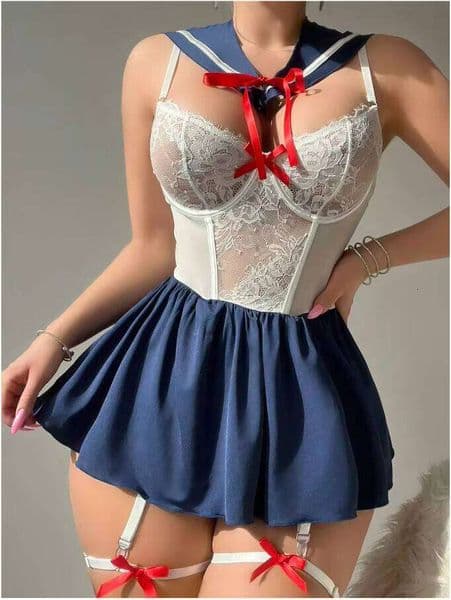 New Sexy Lace Fishnet Underwear Japanese JK Uniform College Set Breathable Spandex/Polyester Medium Control