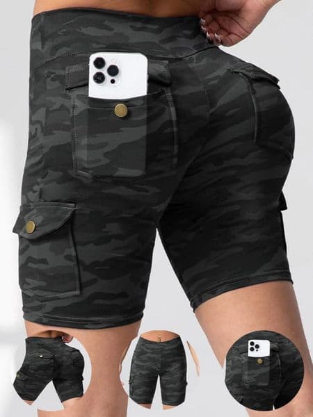 Women's Shorts Camouflage Printed Women With Pockets BuLifting Tummy Tight Elastic Slim Outdoor Running Workout Streetwear