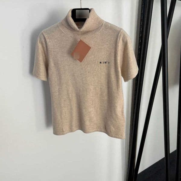 Women's Knits & Tees Designer Early Autumn New Letter Embroidery High Neck Short Sleeve Turn-Down Collar Slim Fit Versatile Knitted Wool Top EHS4