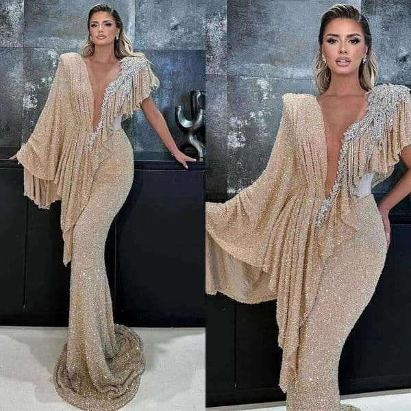 Glitter Champagne Sequins Mermaid Evening Dress For Black Women Sequined V Neck Crystal Beading Prom Gowns Formal Party Second Reception Dresses