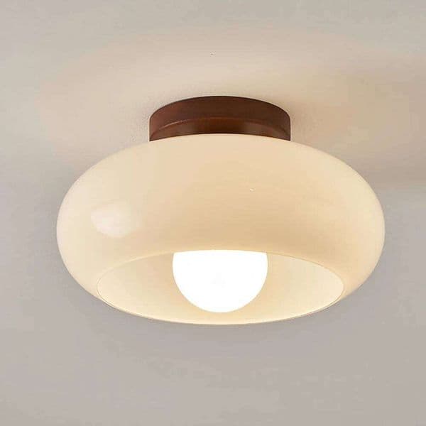 3 Color Dimmable Light Cream Glass Shade, Vintage LED Ceiling Lamp with Wood Base for Bedroom Hallway Dining Living