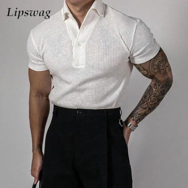 Trendy Ribbed Polo Shirts For Men Sports Fitness Muscle Short Sleeve Slim Stretch Tops Casual Pure Color Lapel Polo Mens T Shirt 260421