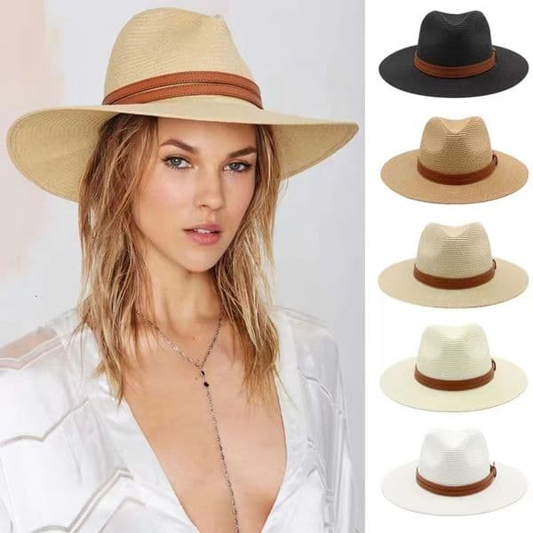 Large Size 5658 5960cm Natural Panama Straw Hat Summer Men Women Wide Brim Beach UV Protection Fedora Sun Wholesale 260421
