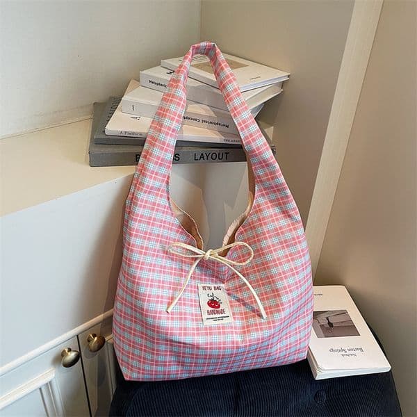 Bestseller Summer Versatile Bag For Women, Cute Cherry Red Canvas Student Shoulder Bag, Crossbody Commuter Plaid Ddmytues