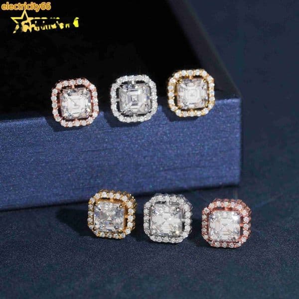 Pass Diamond Tester Men Earrings Hip Hop Jewelry 925 Sterling Silver Asscher Cut 5mm Moissanite Stud Earrings
