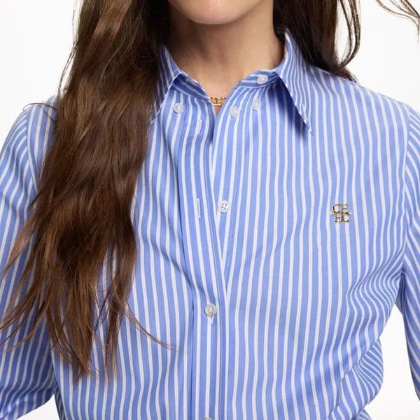 CH Trend Fashion Shirt High Quality Blue and White Vertical Stripe Letter Label Accessories Long Sleeve 260414