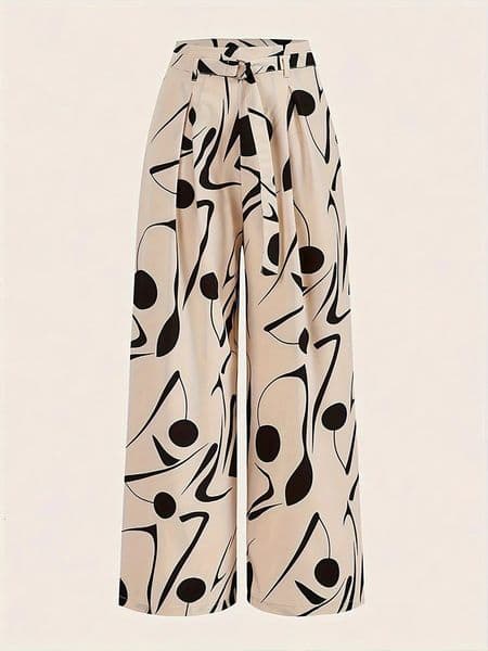 Ladies Abstract Print Belt Casual Wide Leg Pants Fashionable Loose Fit Trousers for Women 260421