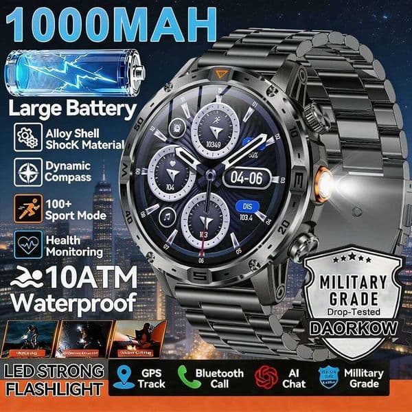 2026New Outdoor 1000mAh HD AMOLED SmartWatch Men Sports Fitness LED Flashlight IP68 Waterproof Wireless Call Smartwatch 26Y0422
